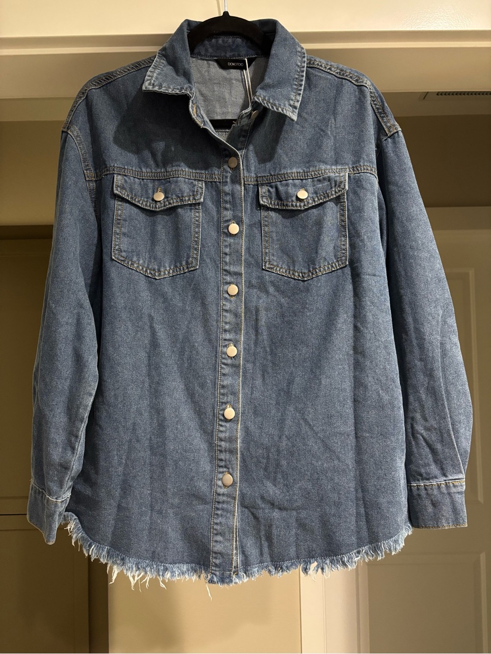 Denim Button-Front Shacket in Classic Blue